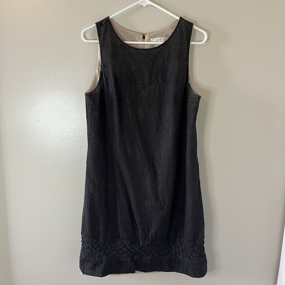 Loft Sleeveless Black Dress Lined Black Overlay Knee Length Business Siz…